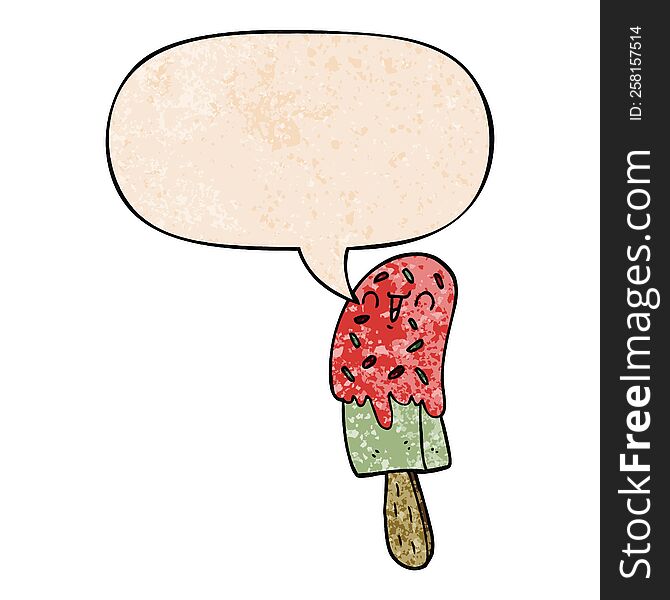 cartoon ice lolly with speech bubble in retro texture style