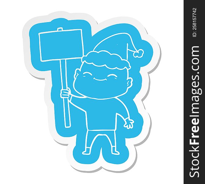 Happy Cartoon  Sticker Of A Bald Man Wearing Santa Hat