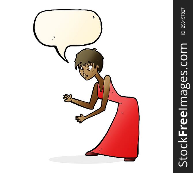 cartoon woman in dress gesturing with speech bubble