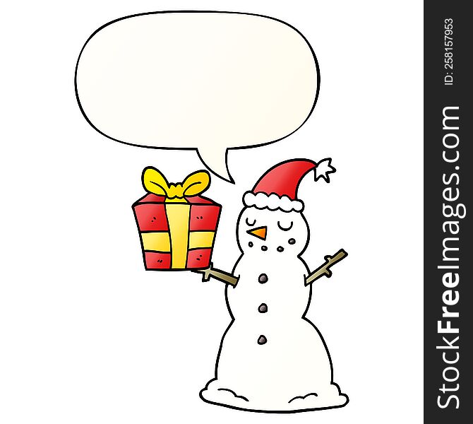 cartoon snowman with present with speech bubble in smooth gradient style. cartoon snowman with present with speech bubble in smooth gradient style