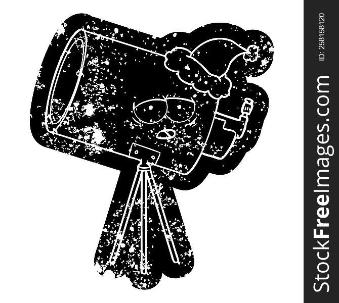 quirky cartoon icon of a bored telescope with face wearing santa hat