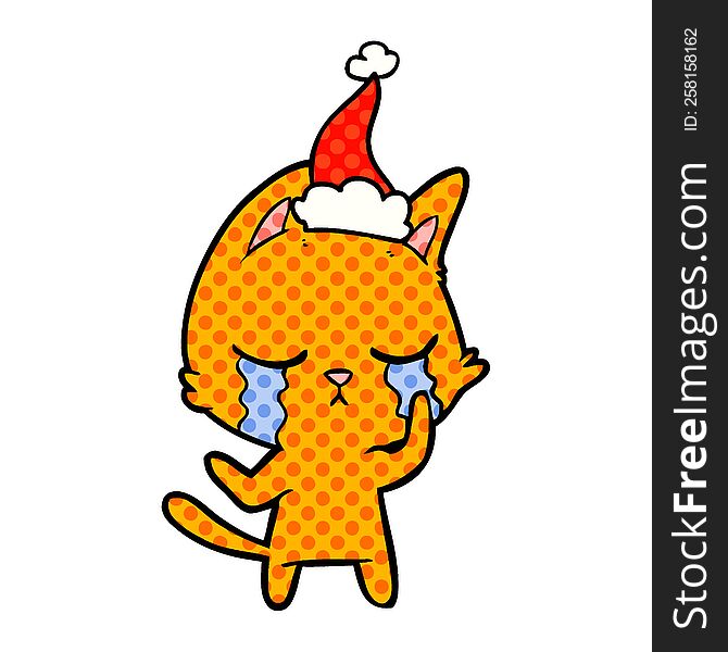 Crying Comic Book Style Illustration Of A Cat Wearing Santa Hat