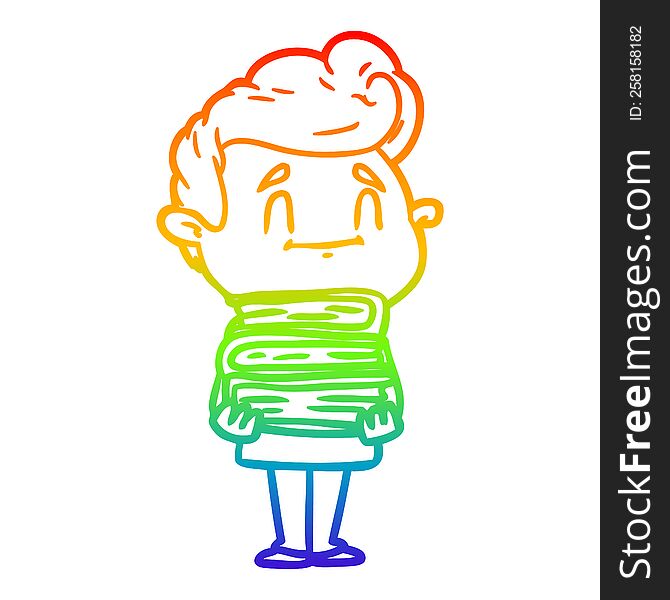 rainbow gradient line drawing happy cartoon man with stack of new books