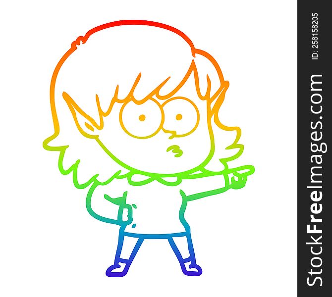 Rainbow Gradient Line Drawing Cartoon Elf Girl Staring And Pointing