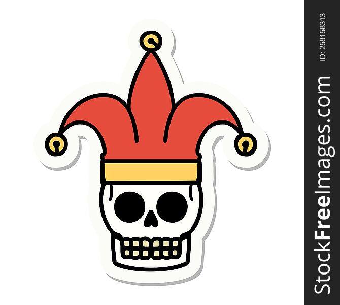 sticker of tattoo in traditional style of a skull jester. sticker of tattoo in traditional style of a skull jester