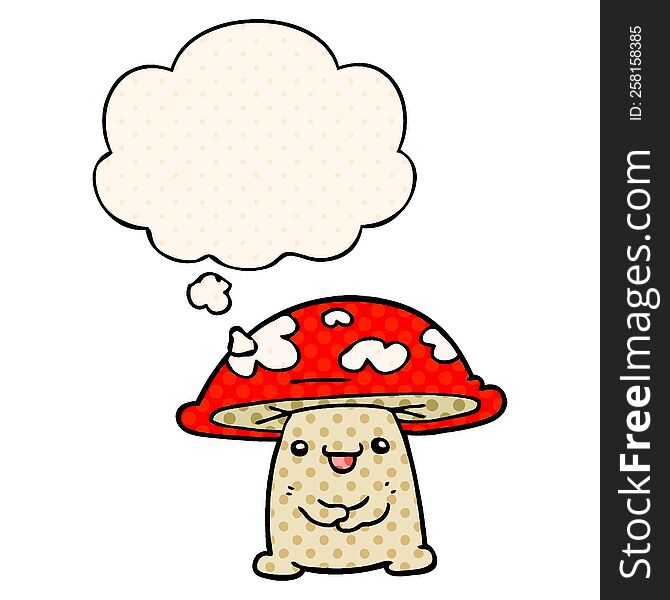 cartoon mushroom character with thought bubble in comic book style
