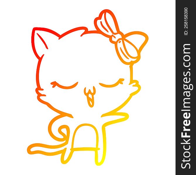 Warm Gradient Line Drawing Cartoon Cat With Bow On Head