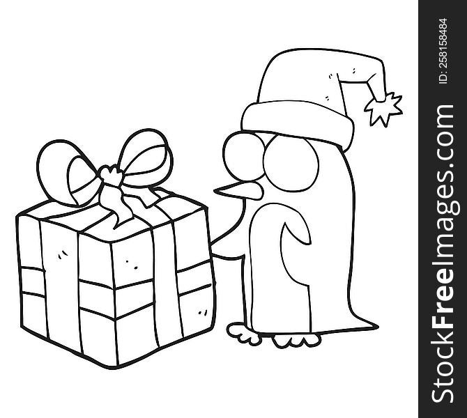 black and white cartoon christmas penguin with present