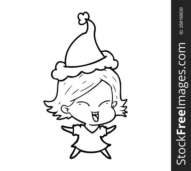 happy hand drawn line drawing of a girl wearing santa hat. happy hand drawn line drawing of a girl wearing santa hat