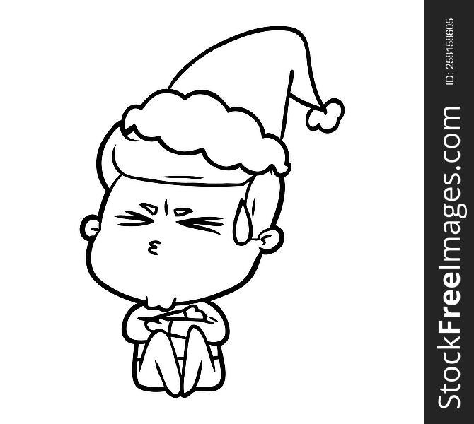 hand drawn line drawing of a man sweating wearing santa hat