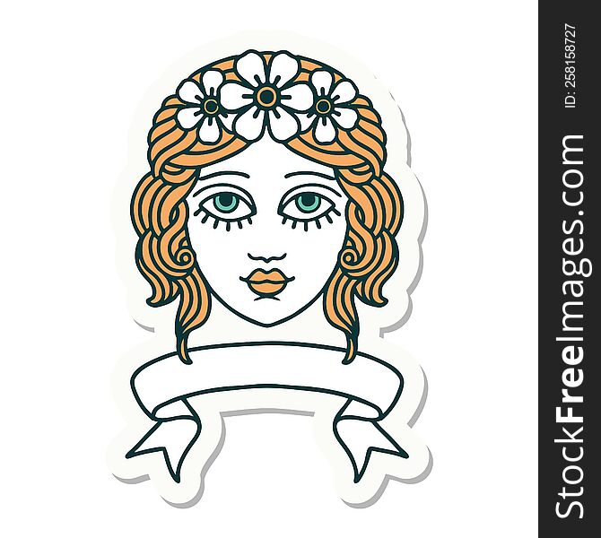 Tattoo Sticker With Banner Of Female Face With Crown Of Flowers