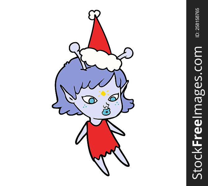 pretty hand drawn line drawing of a alien girl wearing santa hat. pretty hand drawn line drawing of a alien girl wearing santa hat