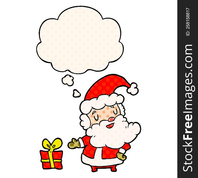 cartoon santa claus with thought bubble in comic book style