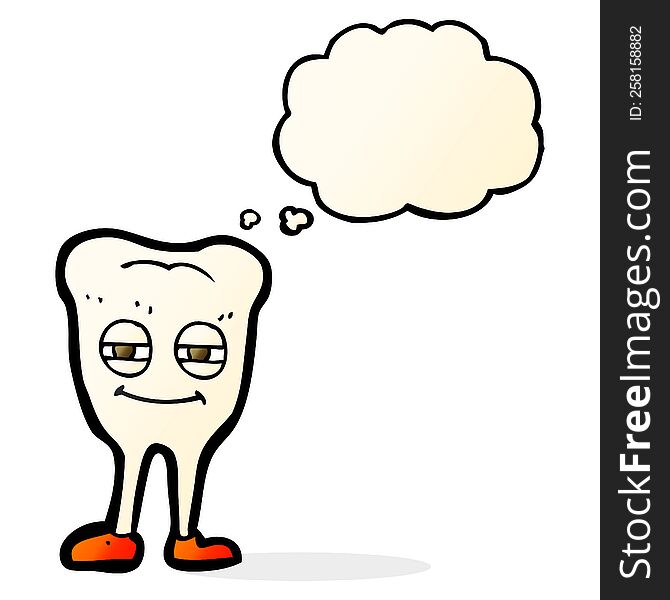 cartoon smiling tooth with thought bubble