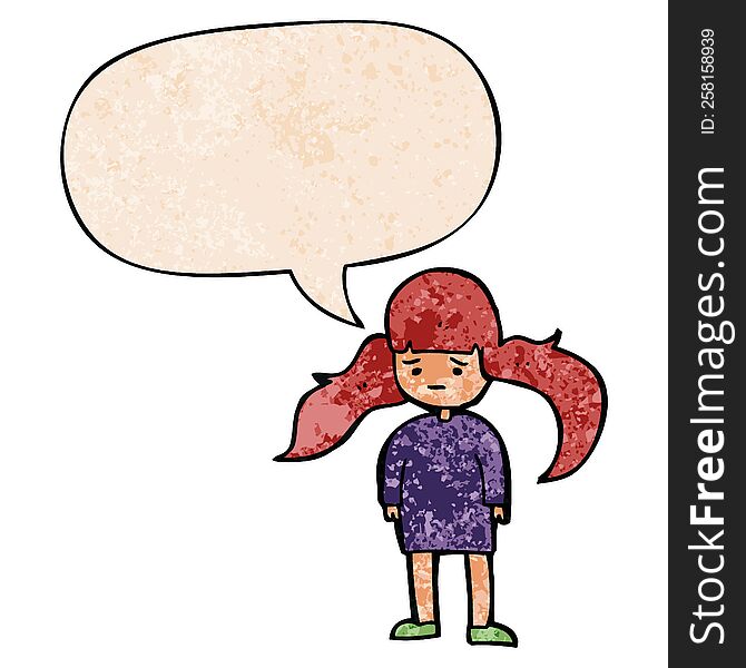 cartoon girl and long hair and speech bubble in retro texture style