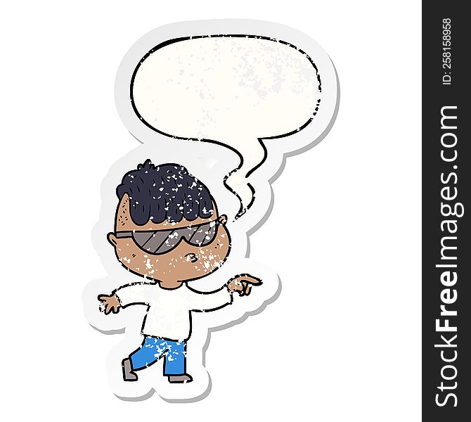 cartoon boy wearing sunglasses pointing with speech bubble distressed distressed old sticker. cartoon boy wearing sunglasses pointing with speech bubble distressed distressed old sticker