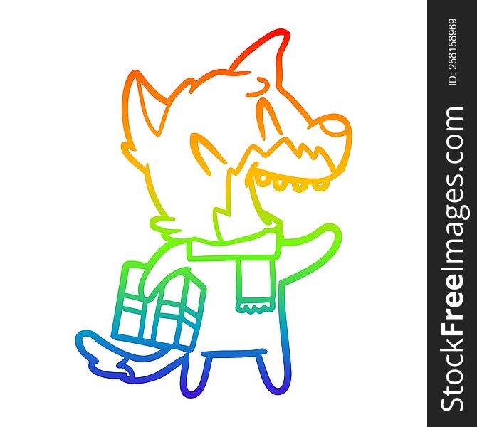rainbow gradient line drawing of a laughing christmas fox cartoon