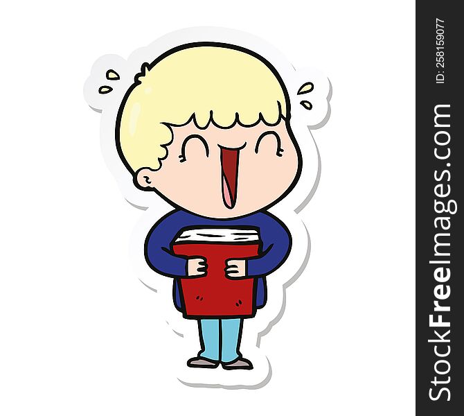 sticker of a laughing cartoon man holding book