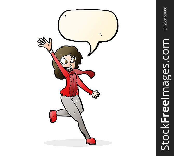 Cartoon Woman Waving Dressed For Winter With Speech Bubble