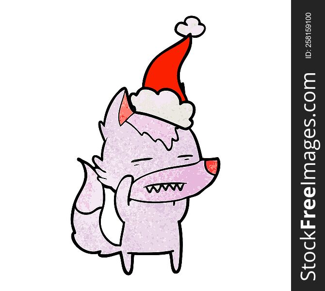 hand drawn textured cartoon of a wolf showing teeth wearing santa hat
