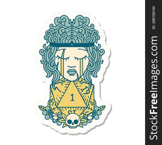 sticker of a crying human barbarian with natural one D20 roll. sticker of a crying human barbarian with natural one D20 roll