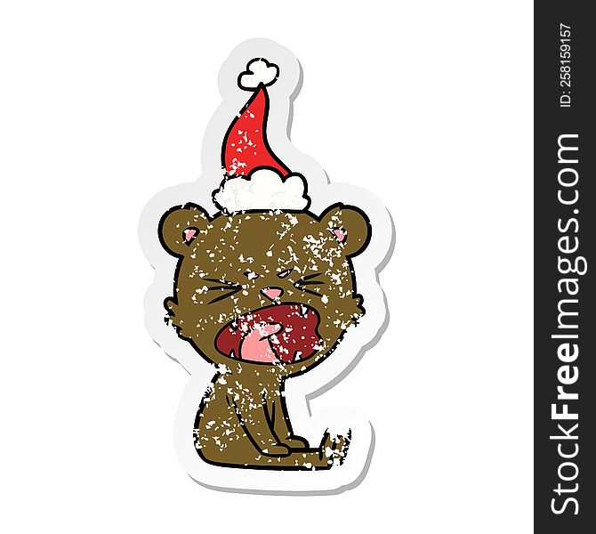 angry hand drawn distressed sticker cartoon of a bear wearing santa hat. angry hand drawn distressed sticker cartoon of a bear wearing santa hat