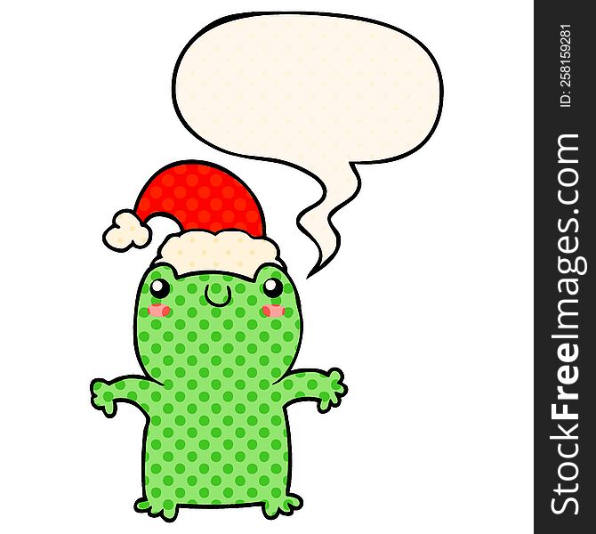 Cute Cartoon Frog Wearing Christmas Hat And Speech Bubble In Comic Book Style
