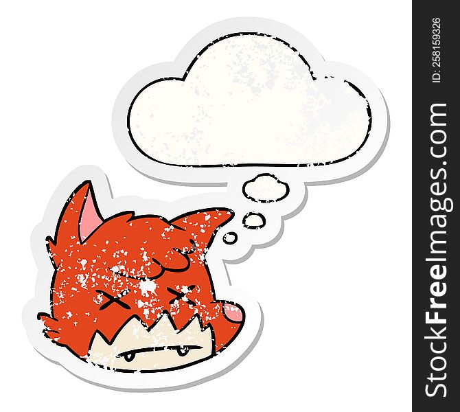 Cartoon Dead Fox Face And Thought Bubble As A Distressed Worn Sticker