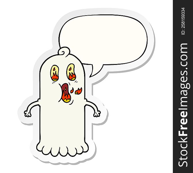 cartoon ghost with flaming eyes with speech bubble sticker. cartoon ghost with flaming eyes with speech bubble sticker