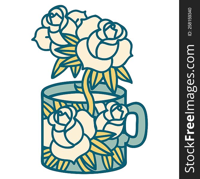 Tattoo Style Icon Of A Cup And Flowers