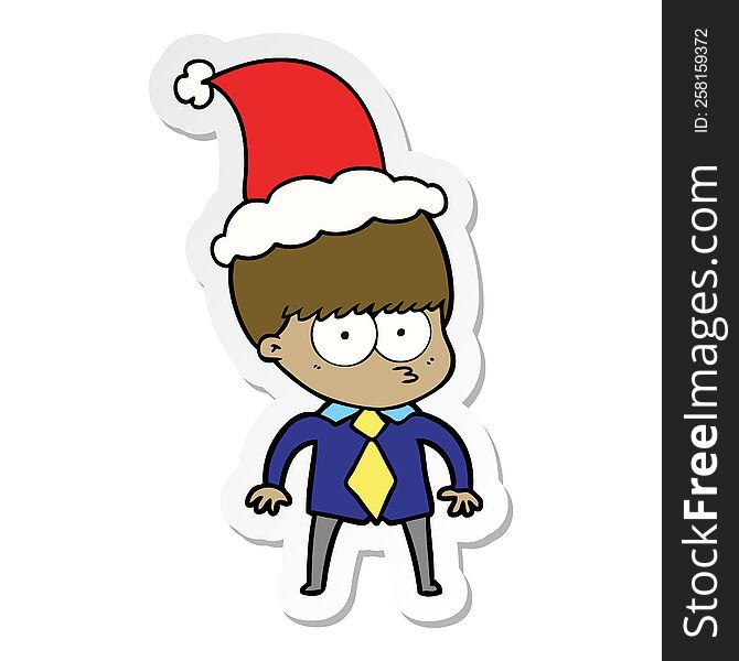 Nervous Sticker Cartoon Of A Boy Wearing Shirt And Tie Wearing Santa Hat