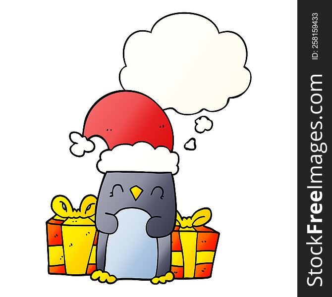 cute christmas penguin with thought bubble in smooth gradient style