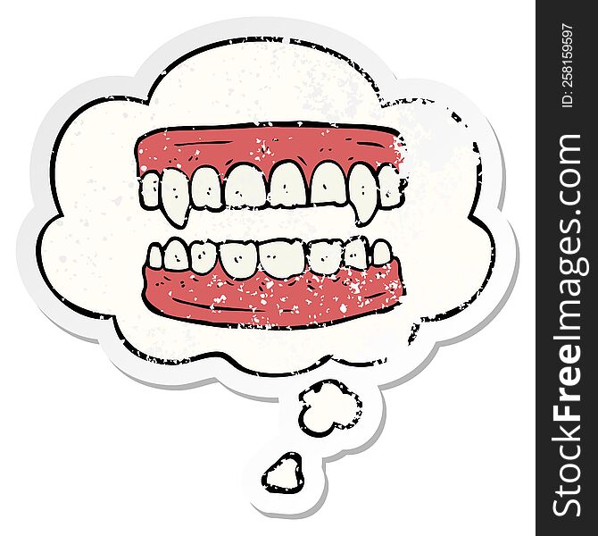 Cartoon Vampire Teeth And Thought Bubble As A Distressed Worn Sticker