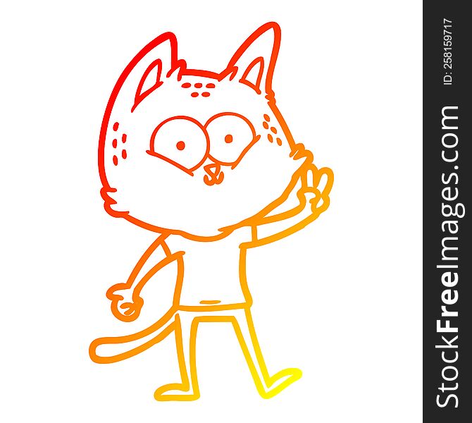 warm gradient line drawing cartoon cat giving peace sign