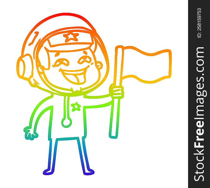 rainbow gradient line drawing of a cartoon laughing astronaut waving flag