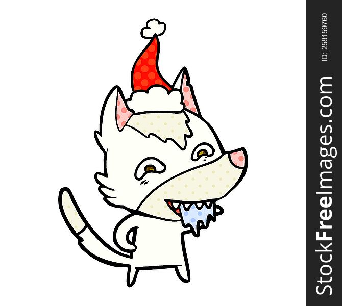 Comic Book Style Illustration Of A Hungry Wolf Wearing Santa Hat