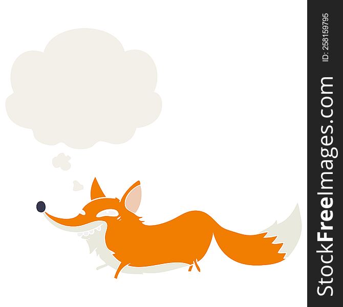 cartoon sly fox with thought bubble in retro style