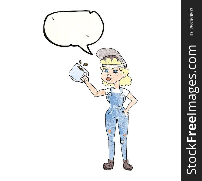 freehand speech bubble textured cartoon woman in dungarees