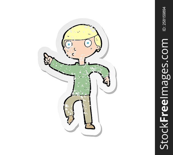 Retro Distressed Sticker Of A Cartoon Boy Pointing