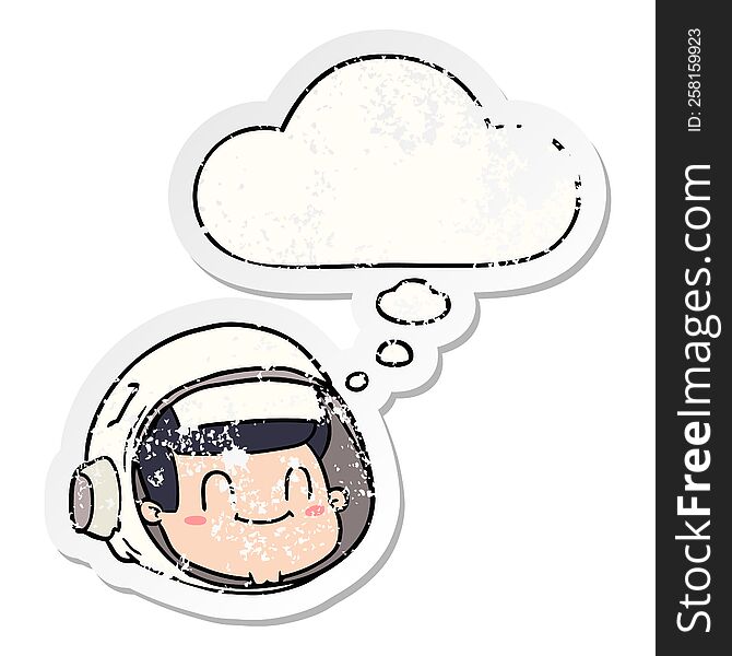 cartoon astronaut face with thought bubble as a distressed worn sticker