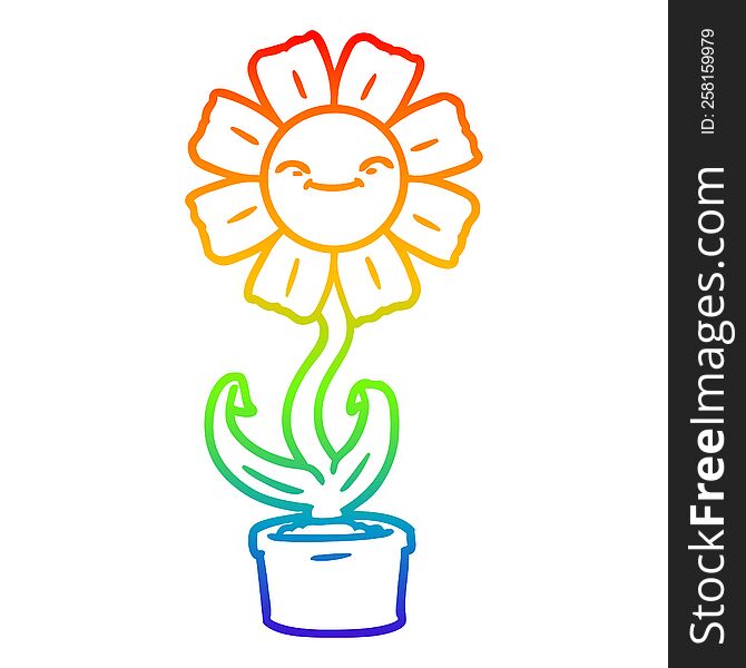 rainbow gradient line drawing of a happy cartoon flower