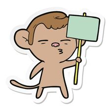 Sticker Of A Cartoon Suspicious Monkey With Signpost Royalty Free Stock Photo