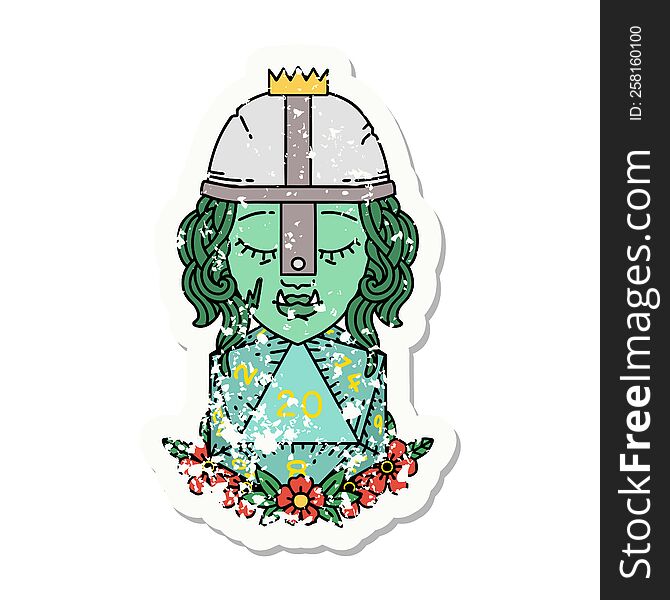 grunge sticker of a orc fighter character with natural twenty dice roll. grunge sticker of a orc fighter character with natural twenty dice roll