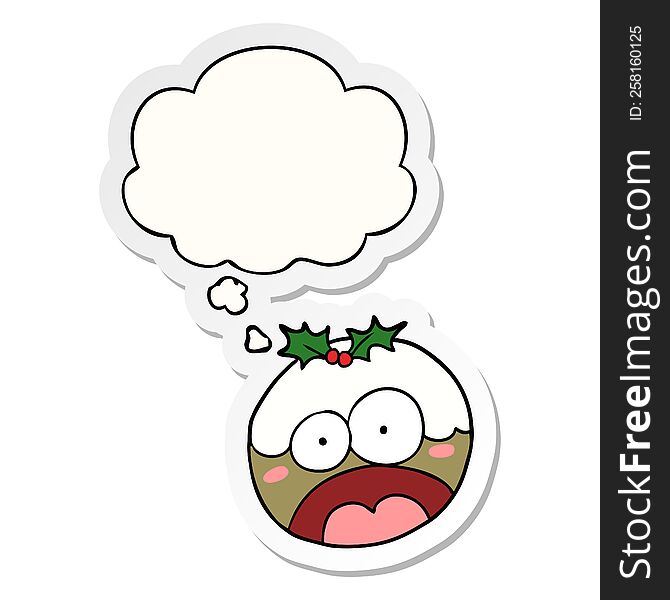 cartoon shocked chrstmas pudding with thought bubble as a printed sticker