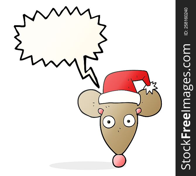 freehand drawn speech bubble cartoon mouse in christmas hat