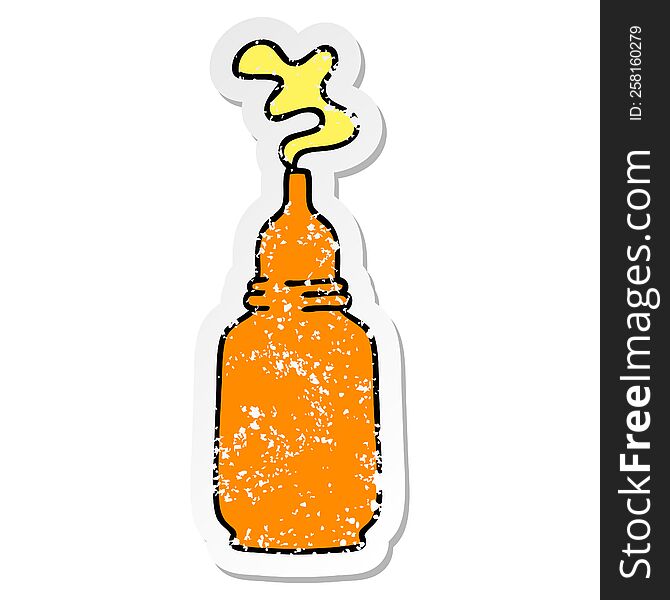 distressed sticker of a quirky hand drawn cartoon mustard bottle