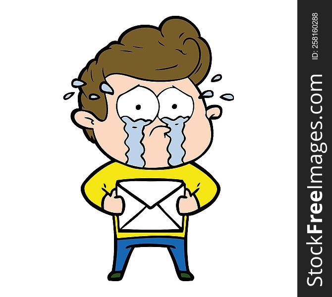 cartoon crying man receiving letter. cartoon crying man receiving letter