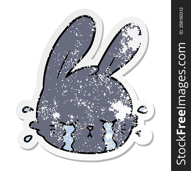 Distressed Sticker Of A Cartoon Rabbit Face Crying