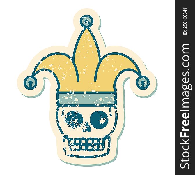 iconic distressed sticker tattoo style image of a skull jester. iconic distressed sticker tattoo style image of a skull jester