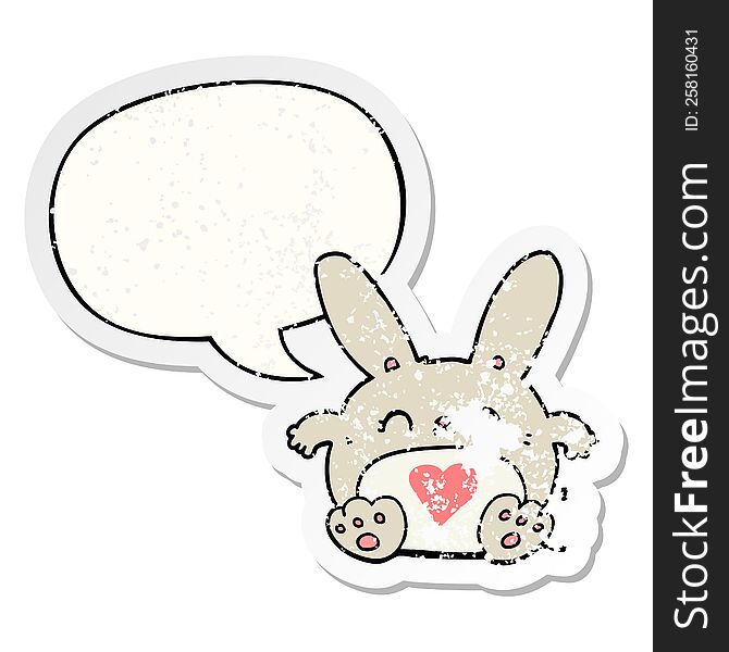 cute cartoon rabbit with love heart with speech bubble distressed distressed old sticker. cute cartoon rabbit with love heart with speech bubble distressed distressed old sticker